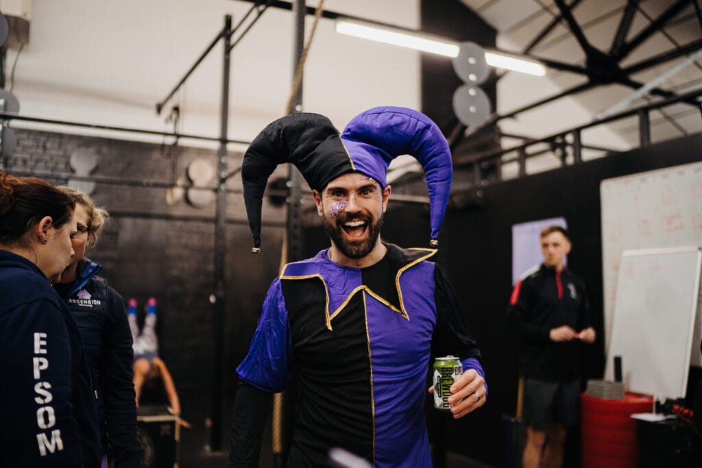 CrossFit member dressed as a jester for a workout. 